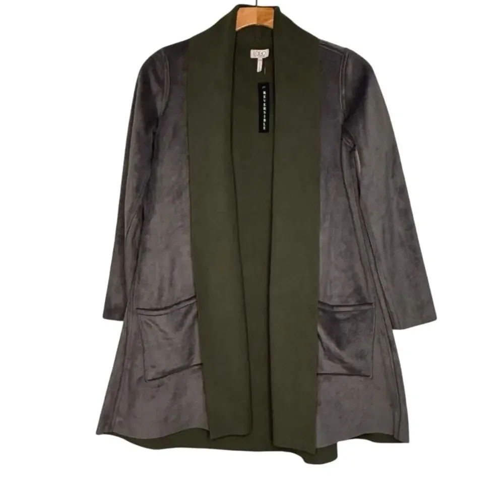 NWT LOGO LORI GOLDSTEIN Reversible green/gray fleece open cardigan size XXS